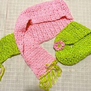 Hand crocheted — Pink and green scarf and head warmer set.